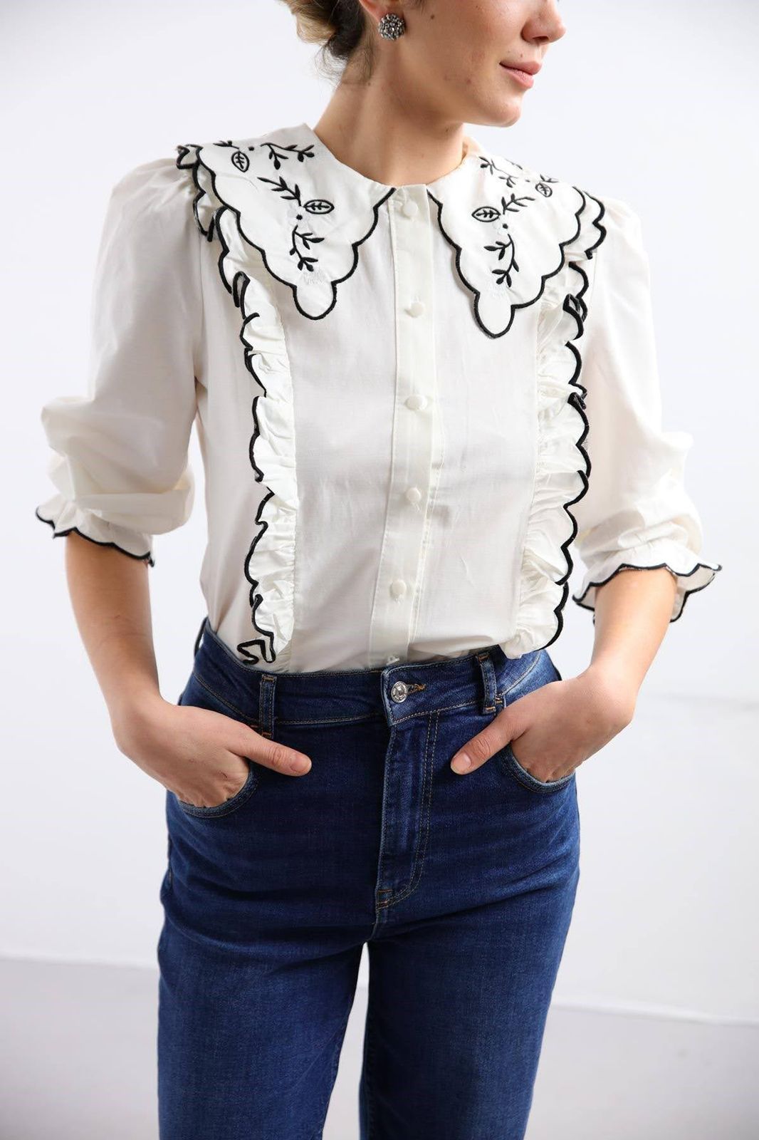 Nessa Round Collar Ruffle Embroidered Cotton Shirt