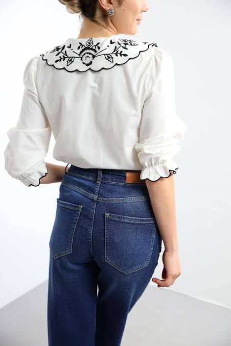 Nessa Round Collar Ruffle Embroidered Cotton Shirt