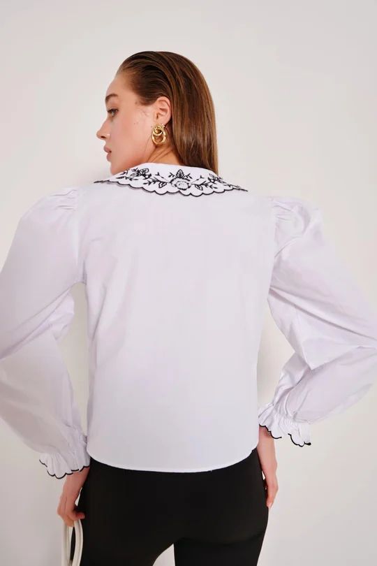 Nessa Round Collar Ruffle Embroidered Cotton Shirt