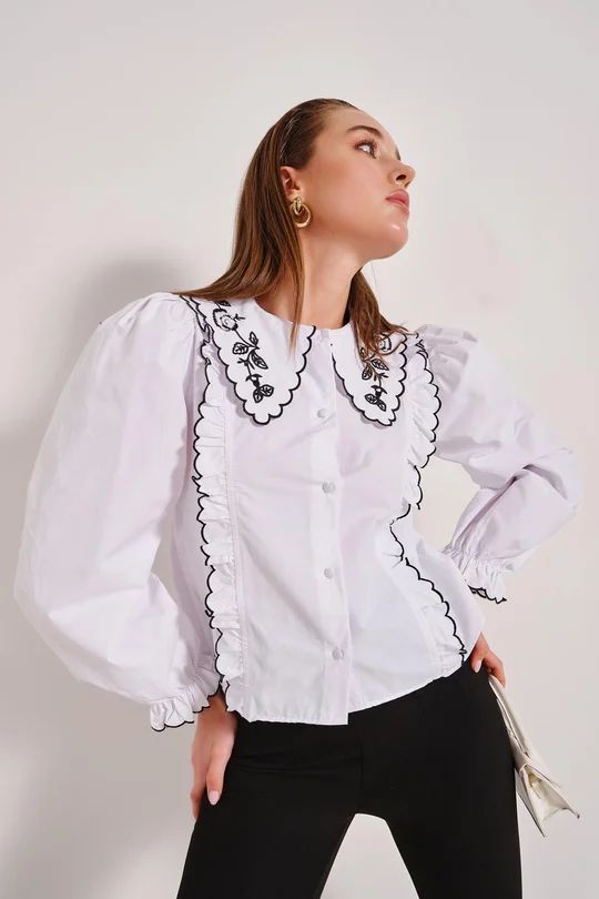 Nessa Round Collar Ruffle Embroidered Cotton Shirt