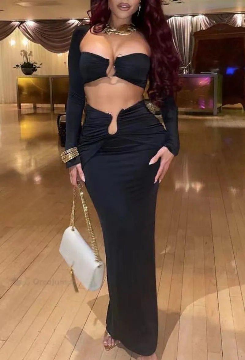 Pankh Calie Black Full Sleeve Crop Top And Long Skirt Matching Sets