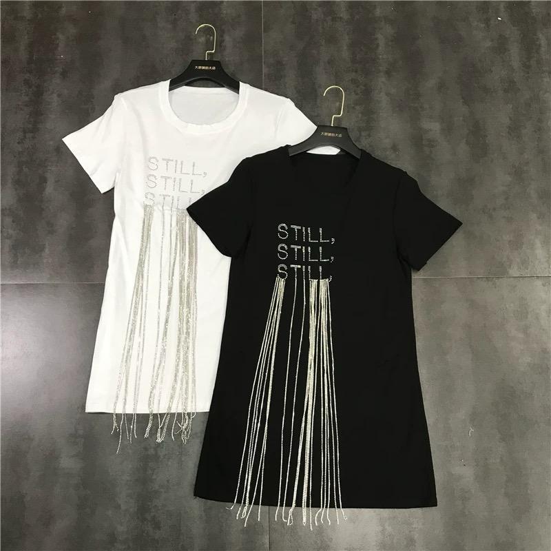 Pankh Aydin Letter Print Rhinestone Tassel Trend Shiny Cotton T-shirt