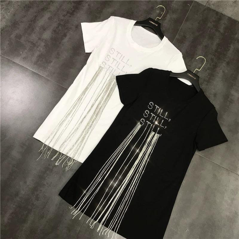 Pankh Aydin Letter Print Rhinestone Tassel Trend Shiny Cotton T-shirt