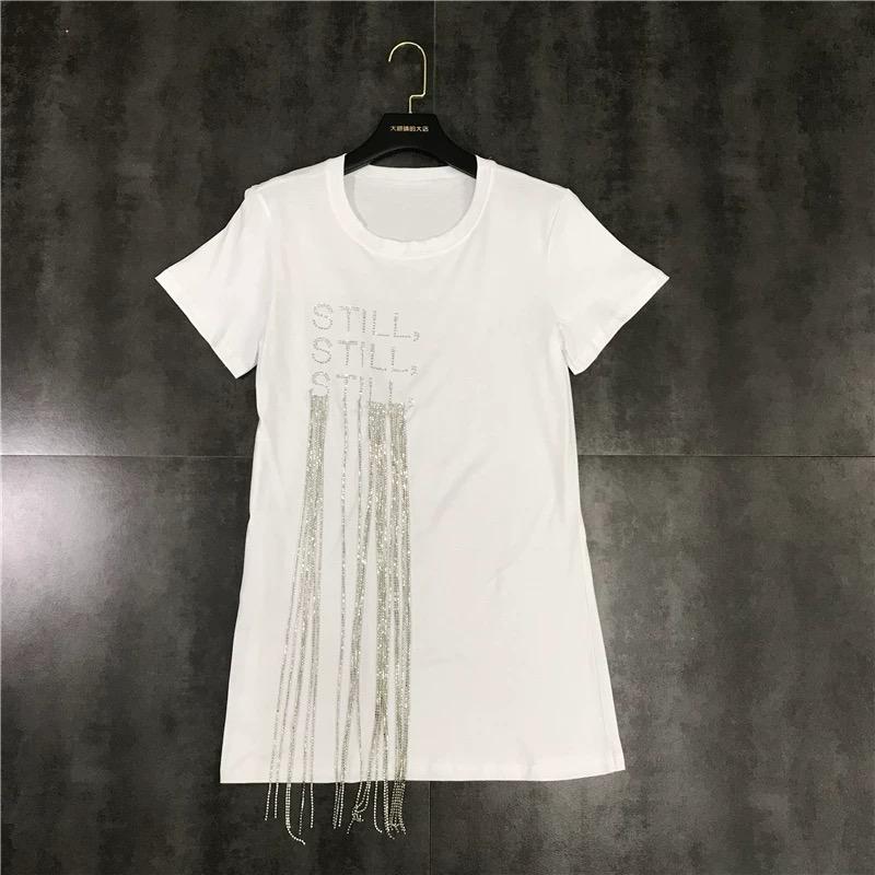 Pankh Aydin Letter Print Rhinestone Tassel Trend Shiny Cotton T-shirt