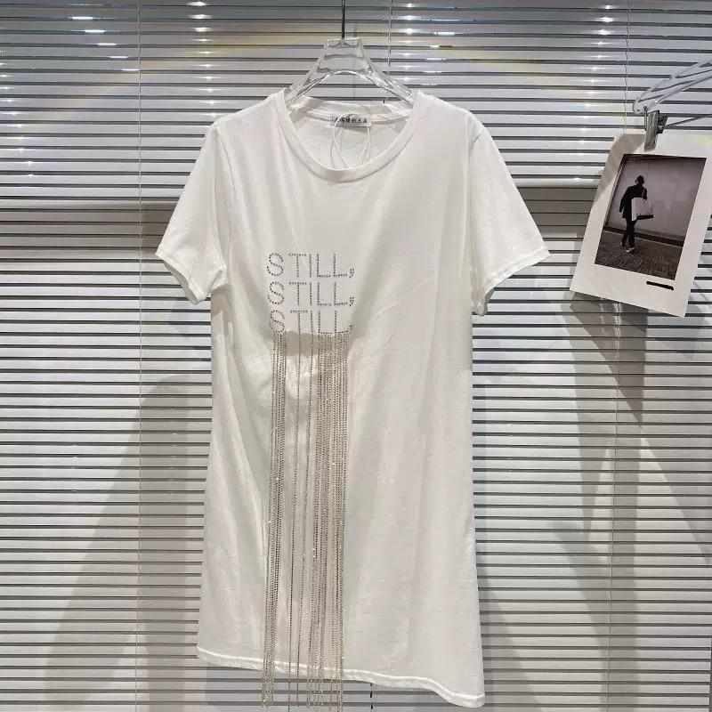 Pankh Aydin Letter Print Rhinestone Tassel Trend Shiny Cotton T-shirt