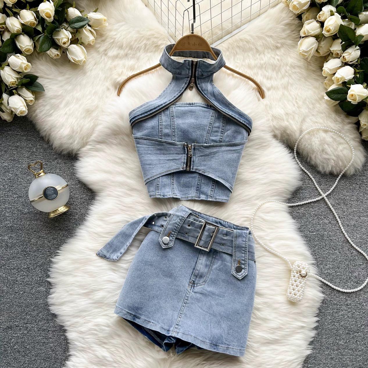 Pankh Raize Denim Top And Skirt Set