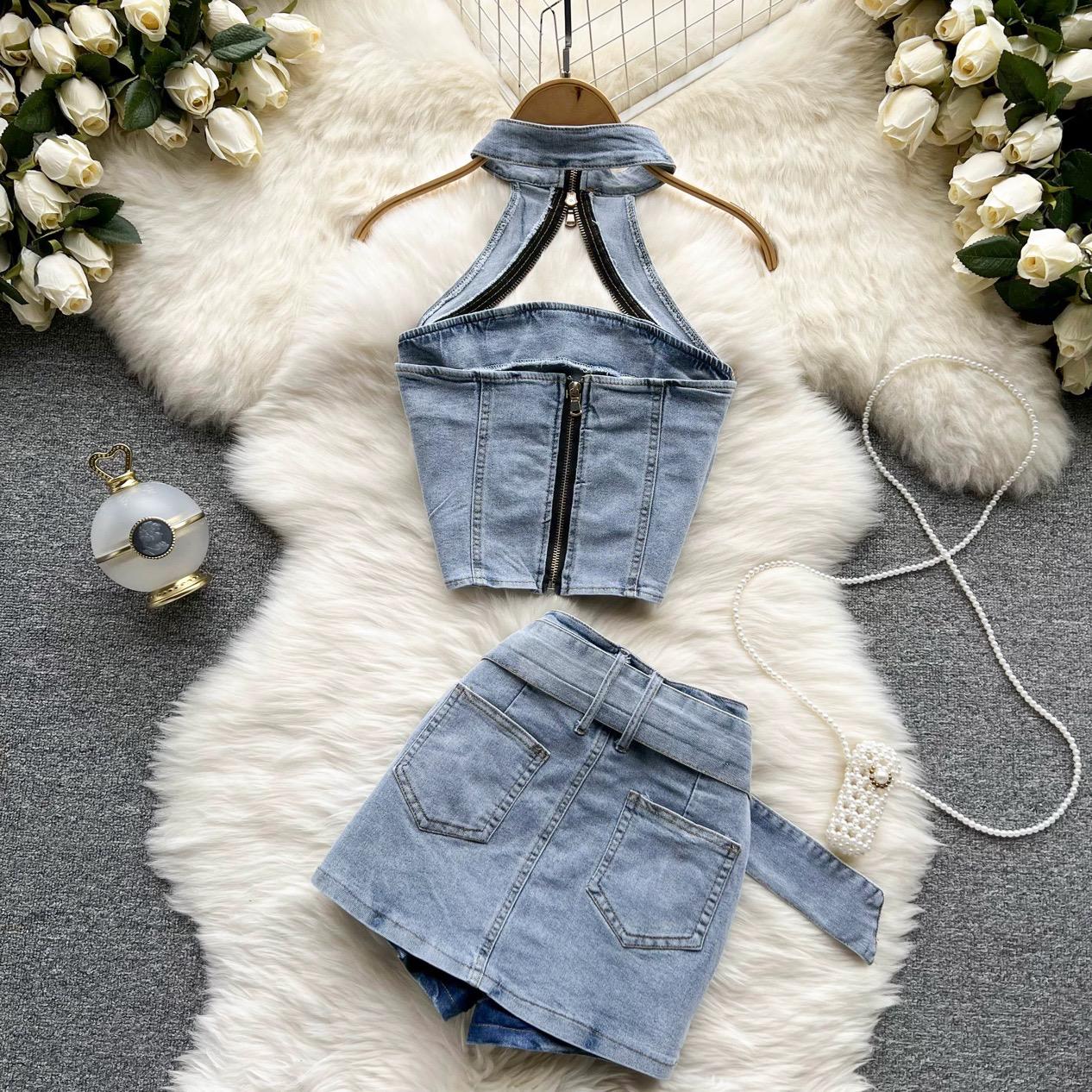 Pankh Raize Denim Top And Skirt Set