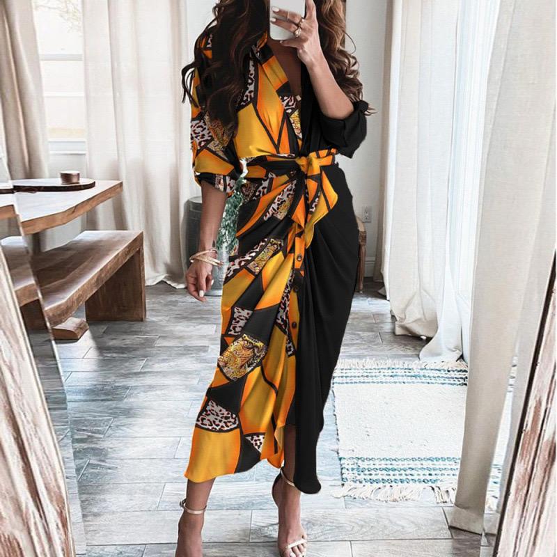 Pankh Rosie Casual Printed Tie Wrap Ruched Maxi Shirt Dress