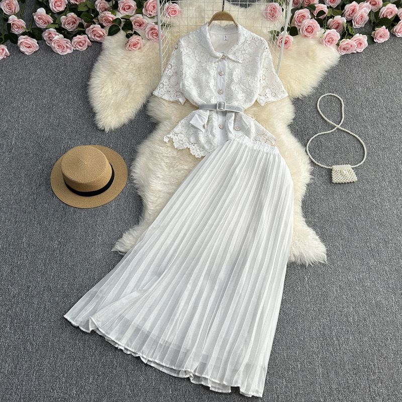 Pankh Kylie Crochet Lace Chiffon Blazer And Pleated Skirt Set With Belt