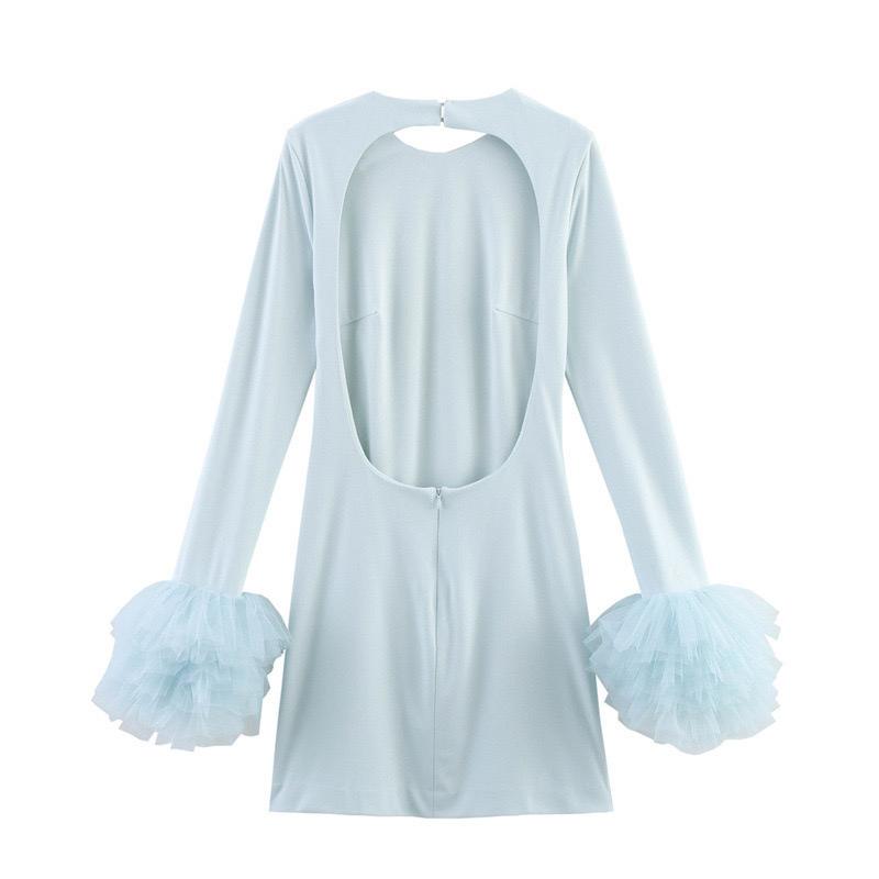 Pankh Evelina Pale Blue Ruffle Sleeve Trimmed Short Dress