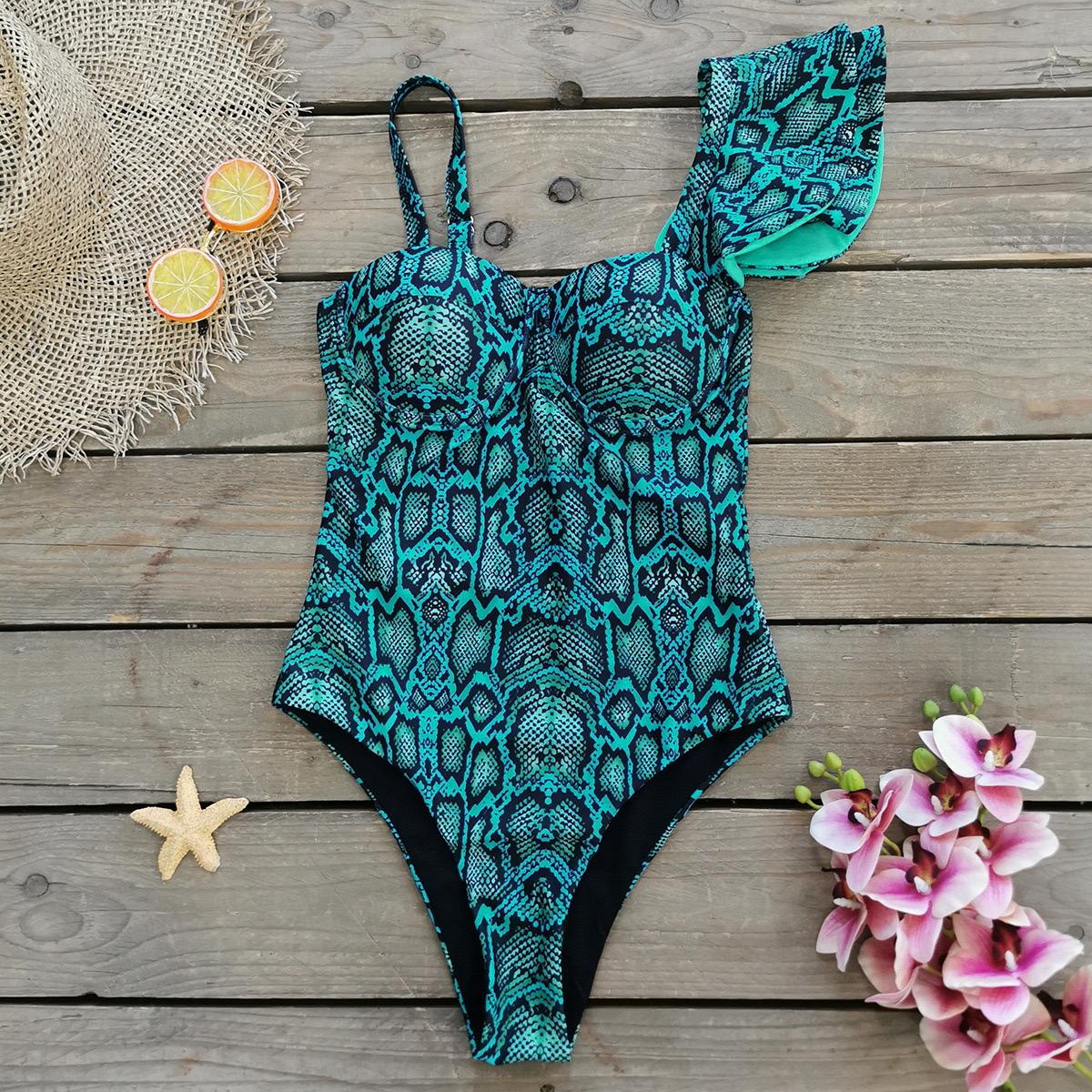 Pankh Michael Printed One Shoulder Ruffle Swimsuit Monokini