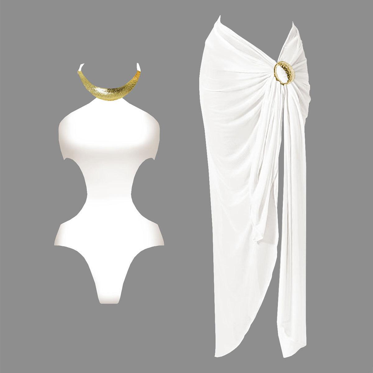 Pankh Wilson Metal Neckless Swimsuit With Stylish Bukle Skirt