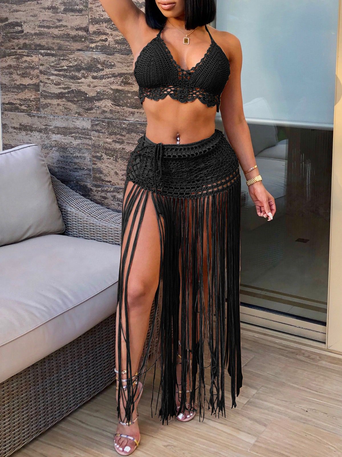 Pankh Cem Crochet Top And Tassel Skirt Beachwear Coord Set