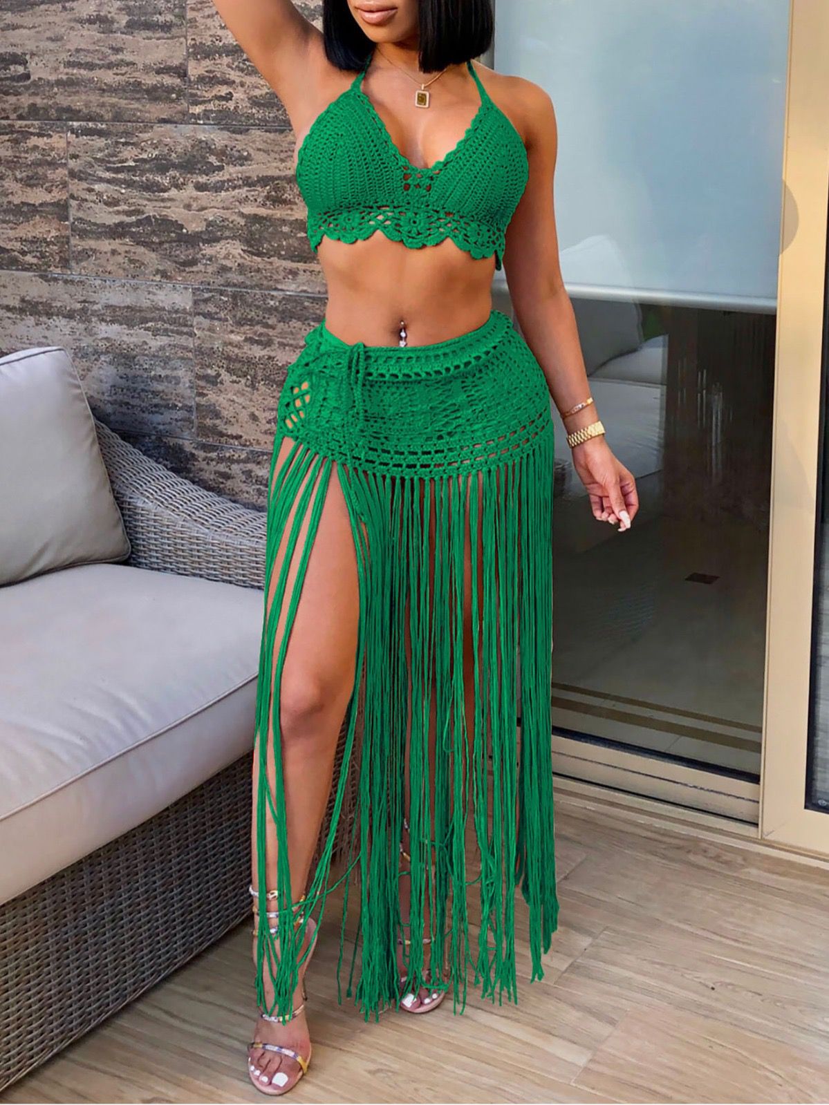 Pankh Cem Crochet Top And Tassel Skirt Beachwear Coord Set