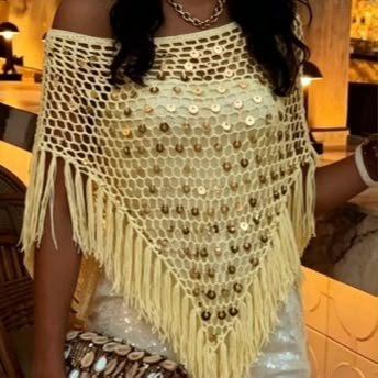 Pankh Haim Sequins Poncho Crochet Tassel Top
