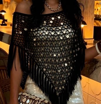 Pankh Haim Sequins Poncho Crochet Tassel Top