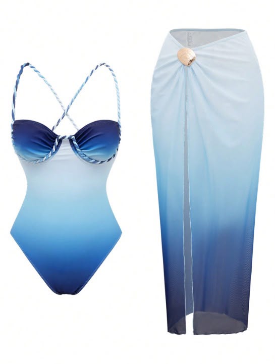 Pankh Asya Ombre Monikini Swimsuit With Skirt Cover-up Set
