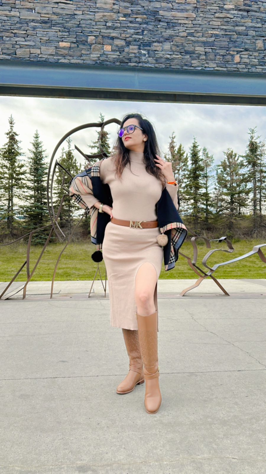 Pankh Ayvee High Neck Knit Wool Dress with Belt