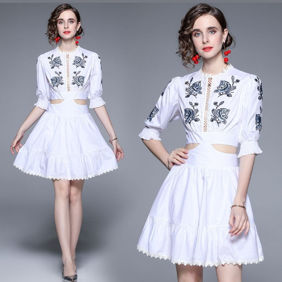 Pankh Layira Embroidery Bubble Sleeve Waist Cut Out Dress