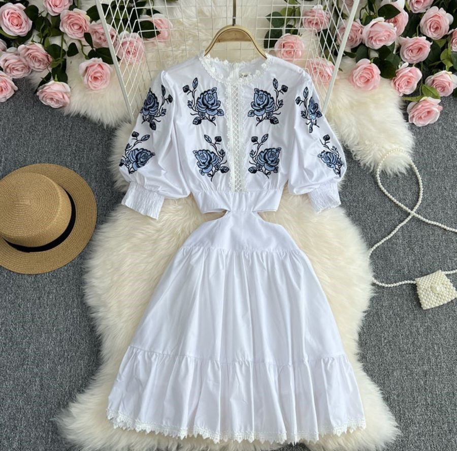 Pankh Layira Embroidery Bubble Sleeve Waist Cut Out Dress