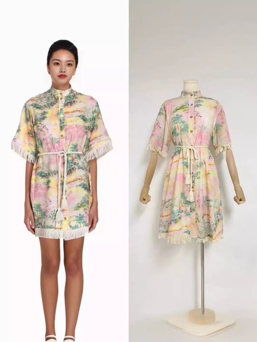 Pankh Aiza Fringed Printed Linen Shirt Dress