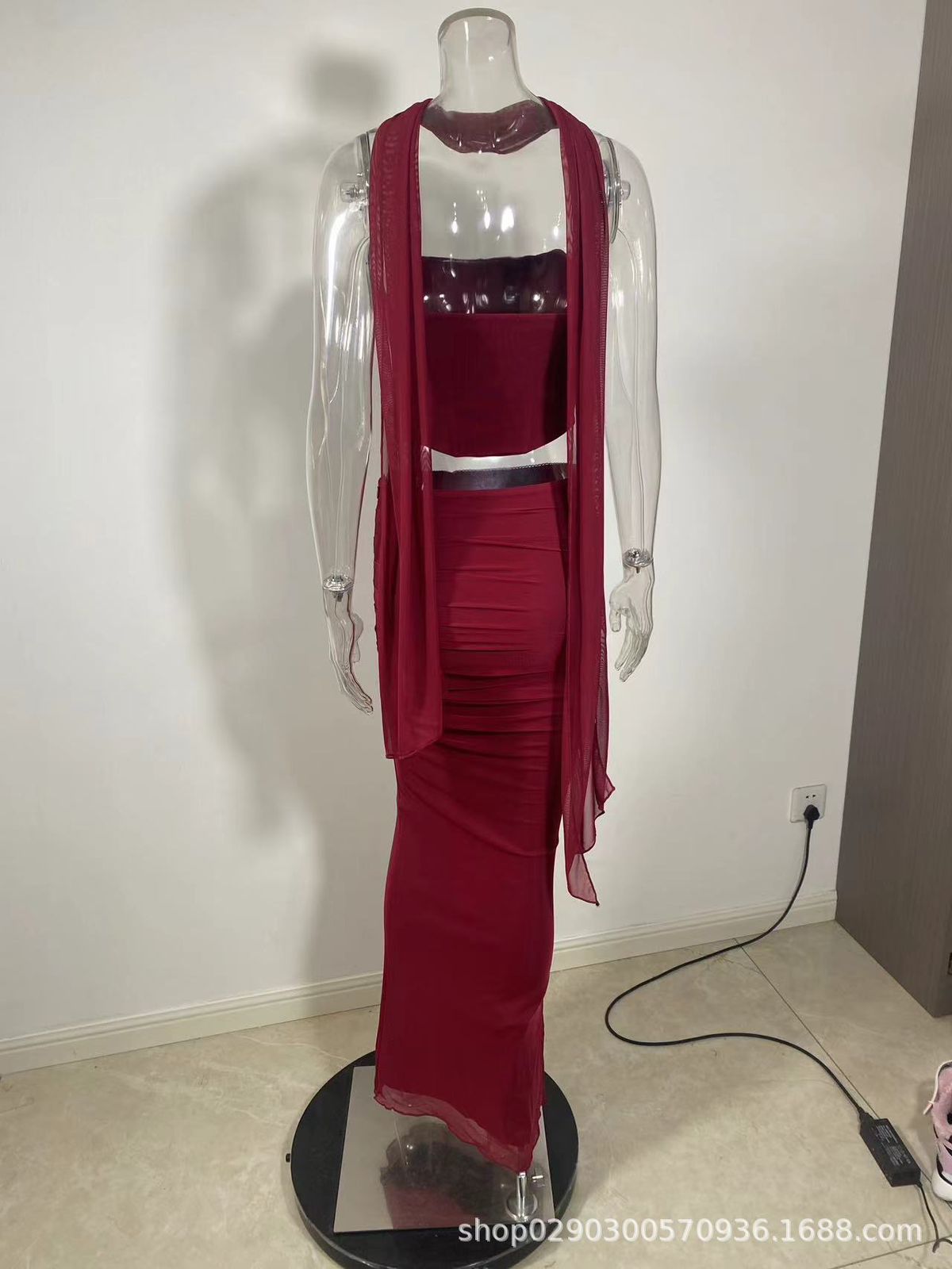 Pankh Celine Tube Corset Top And Ruched Bodycon Mesh Net Skirt Set With Neck Red Scarf