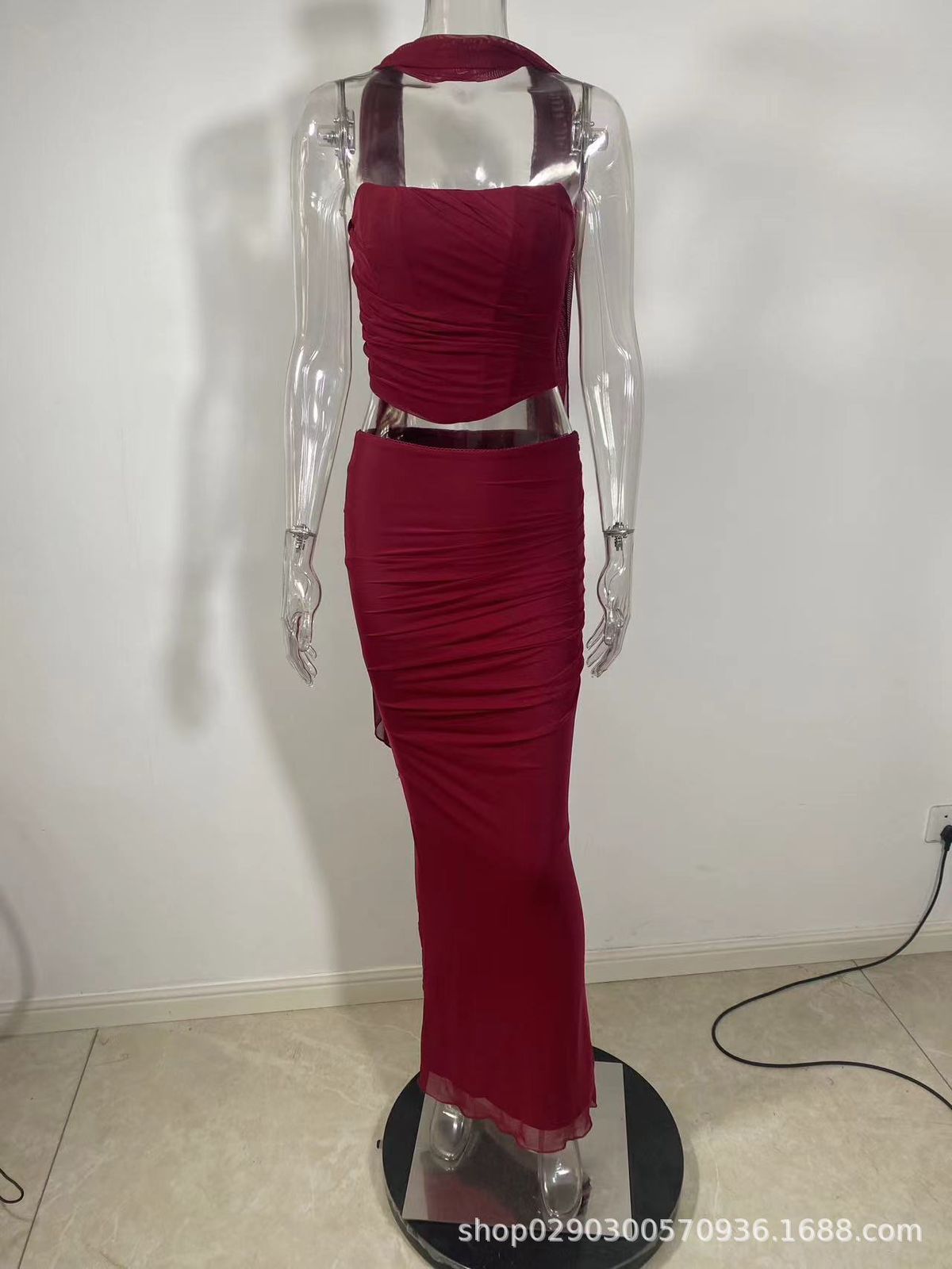 Pankh Celine Tube Corset Top And Ruched Bodycon Mesh Net Skirt Set With Neck Red Scarf
