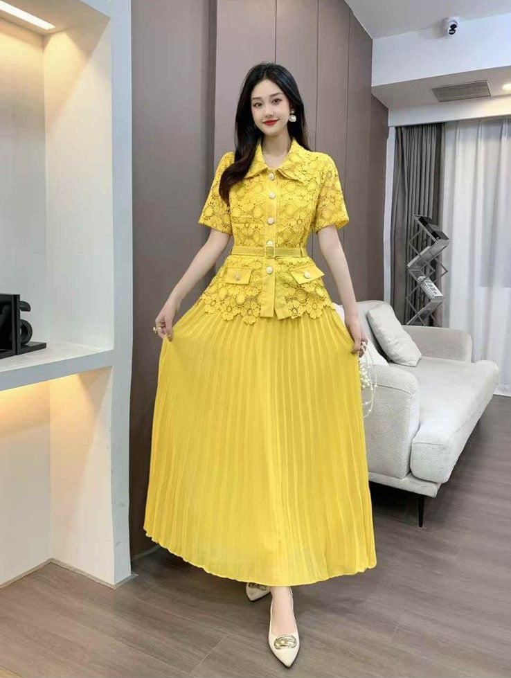 Pankh Kylie Crochet Lace Chiffon Blazer And Pleated Skirt Set With Belt