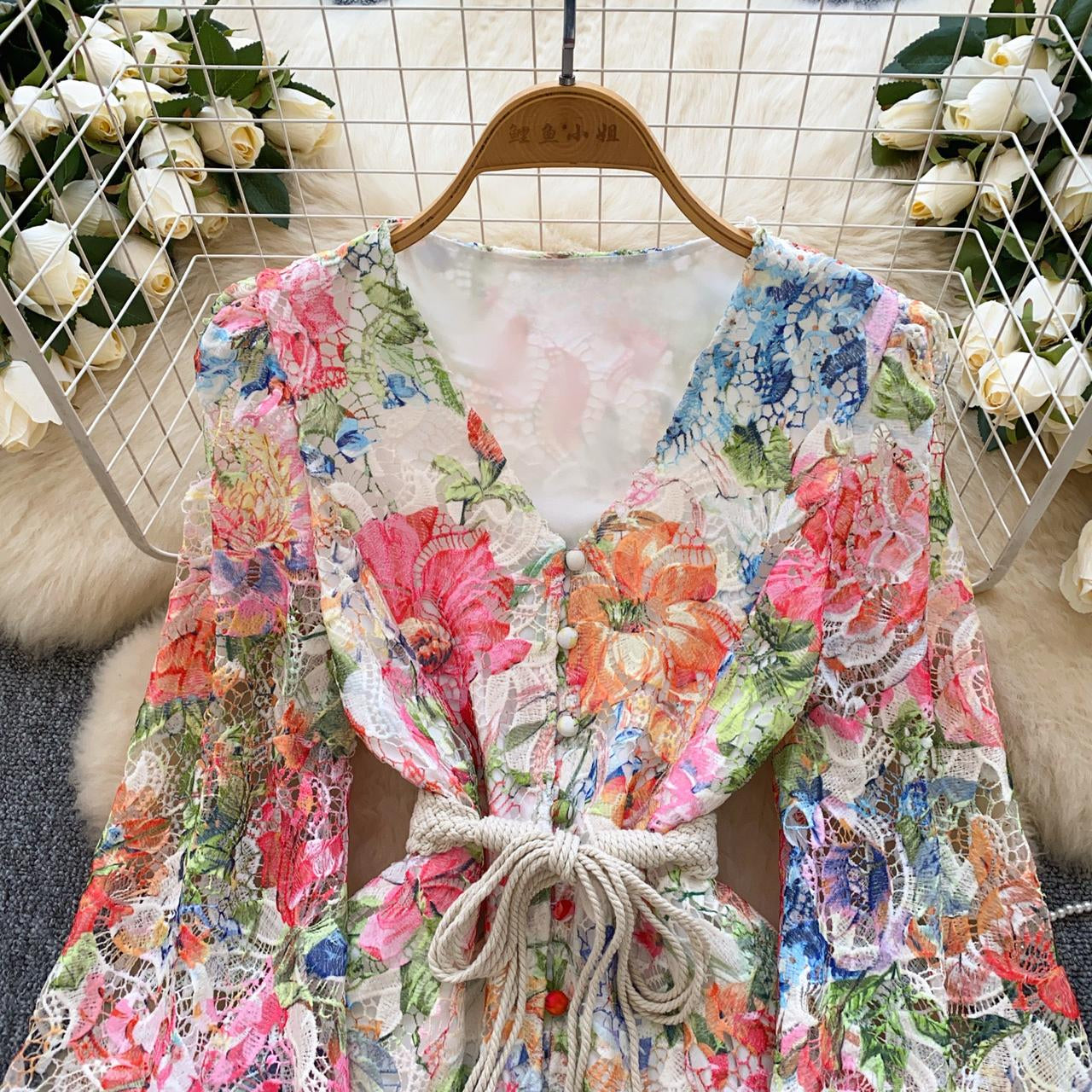 Pankh Anessa Floral Printed Crochet Inner Dress With Belt