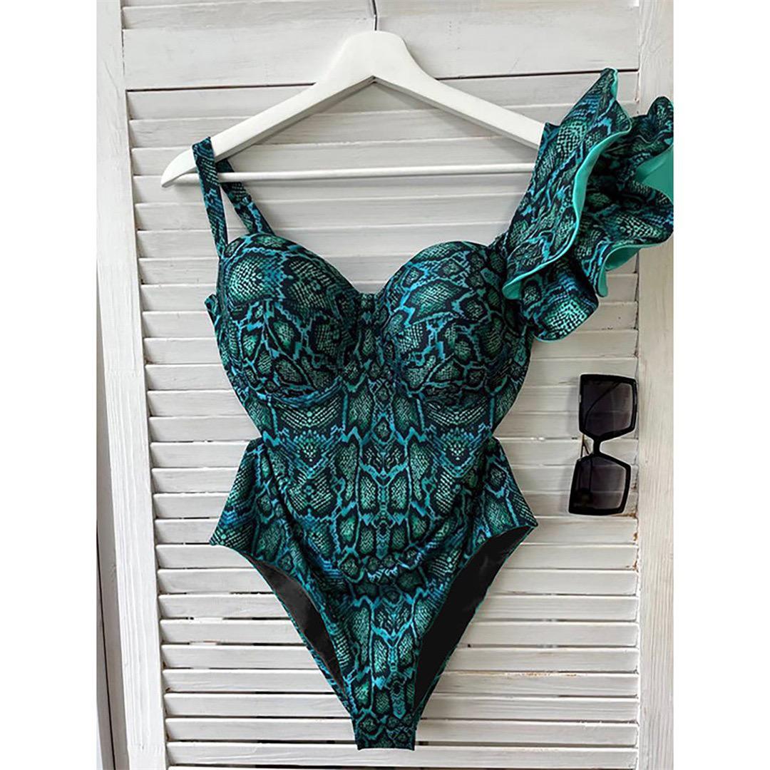 Pankh Michael Printed One Shoulder Ruffle Swimsuit Monokini