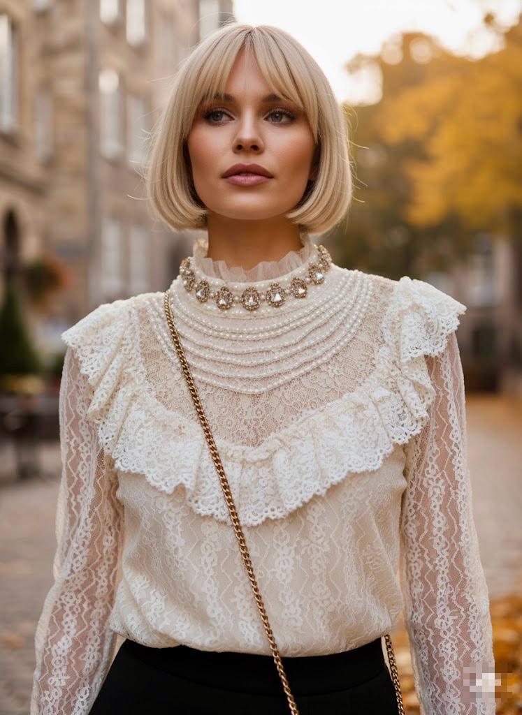 Pankh Amey Pearl Embellished Neck Flower Lace Top