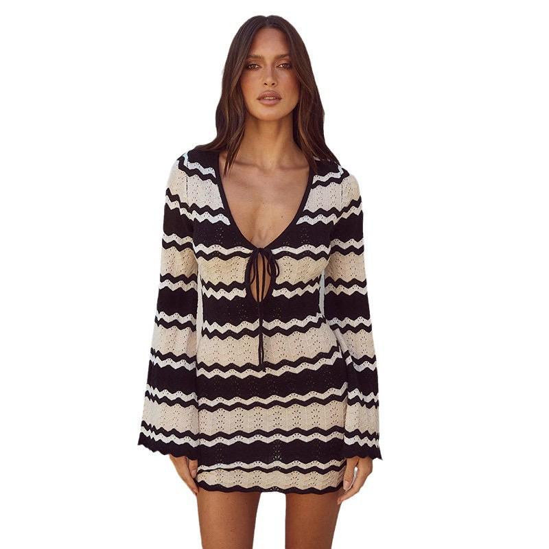Pankh Vera Knit Striped Beach Wear Crochet Short Dress