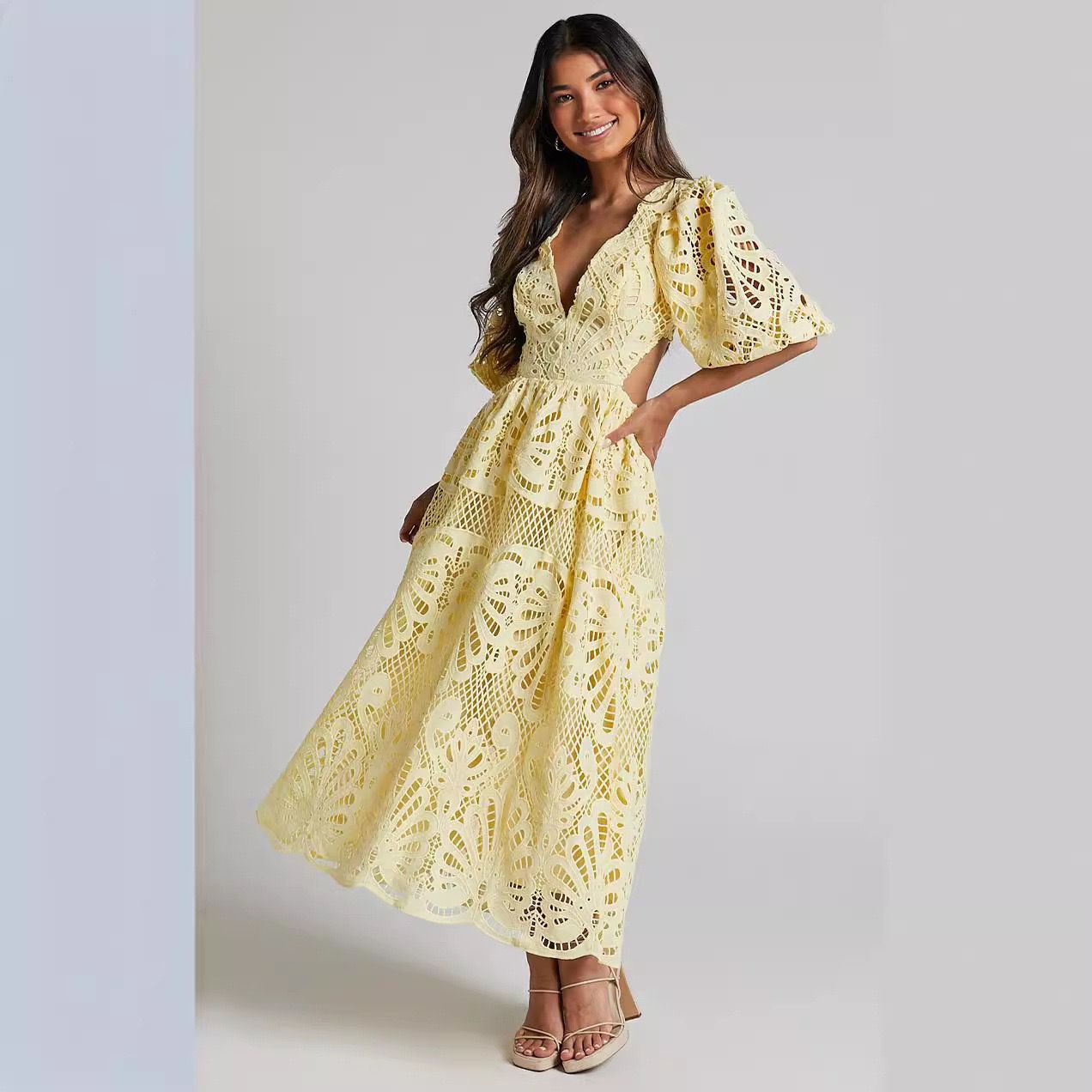 Alena Crochet Waist Cut Out Holiday Maxi Dress