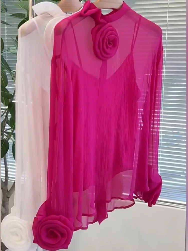 Pankh 3D Rose Flower Sheer Solid Color Shirt With Inner