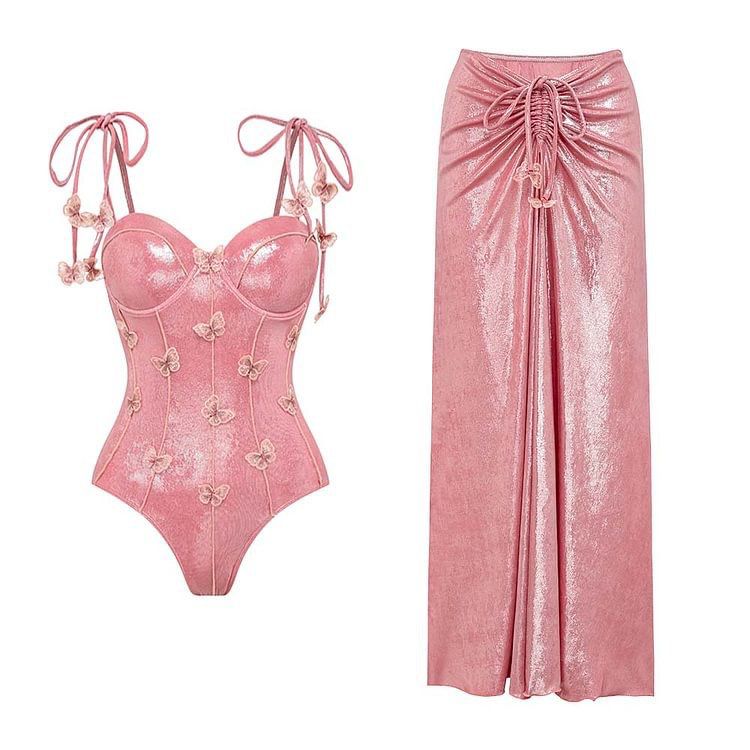 Pankh Shelby Shiny Butterfly Decoration Pink Monokini With Stylish Metalic Skirt