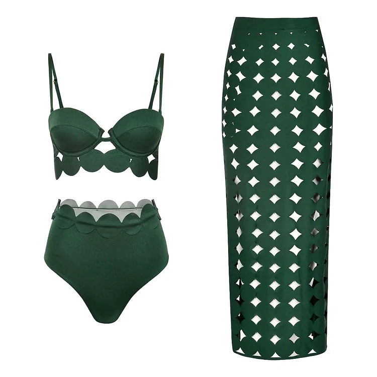 Pankh Kit Laser Cutting Three Peice Bikini Swimsuit With Split Skirt