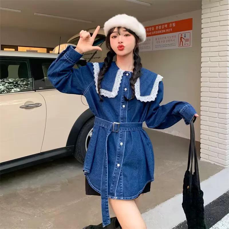 Pankh Kashvi Spring Summer Doll Lace Collar Denim Shirt Dress