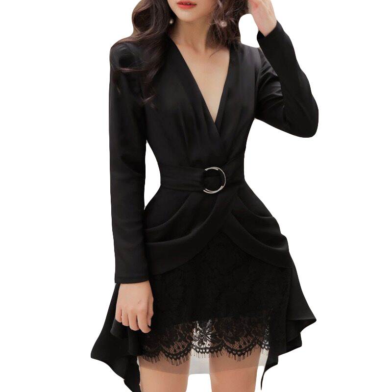 Pankh Sam Long Sleeve V-Neck Palin Blazer And Lace Panel Mini Skirt