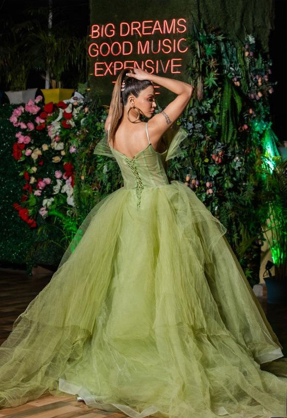 Pankh Green Puff Princess Prom Sweetheart Ruffles Partywear Ball Gown