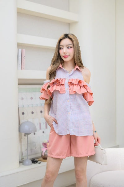 Pankh Velina Casual Cold Shoulder Sleeves Gingham Shirt And Short Set