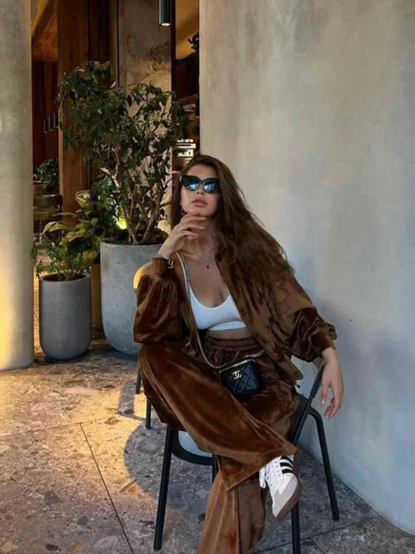 Pankh Aysel Velvet Zipper Hoodie And Wide Leg Pant Coord Set