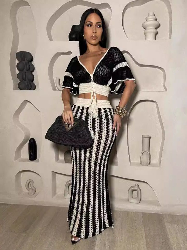Pankh Callista Knitted Crochet Hollow Out Stripe Crop Top And Long Skirt