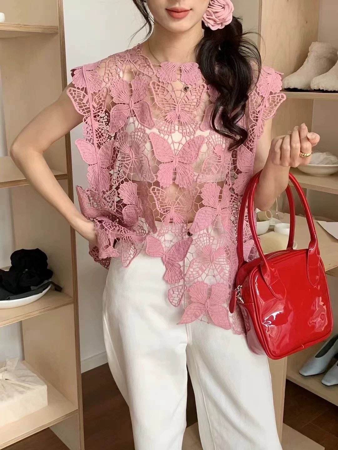 Pankh Zape Butterfly Hollow Cutout Pattern Lace Crochet Top