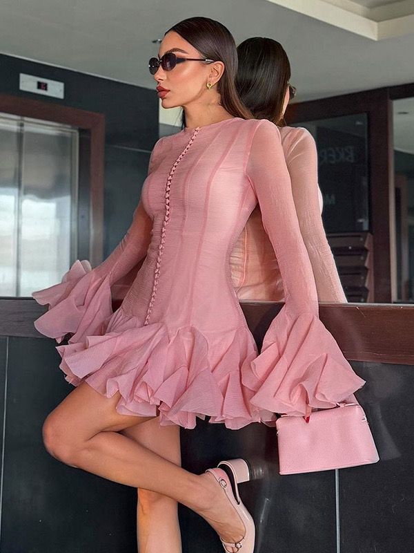 Pankh Eliena Ruffle Button Flare Sleeve Mini Dress