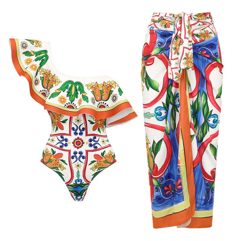 Pankh Basel Ruffle One Of Shoulder Enamel Printed Beach Holiday Swimsuit With Coverup Set