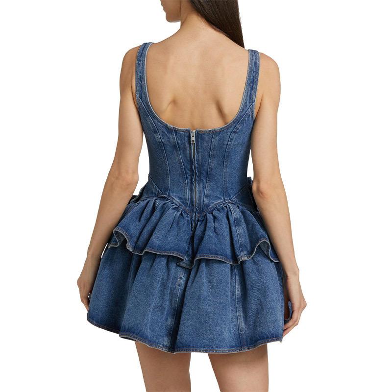 Pankh Aivy Denim 3D Flower Decor Double Layer Mini Dress