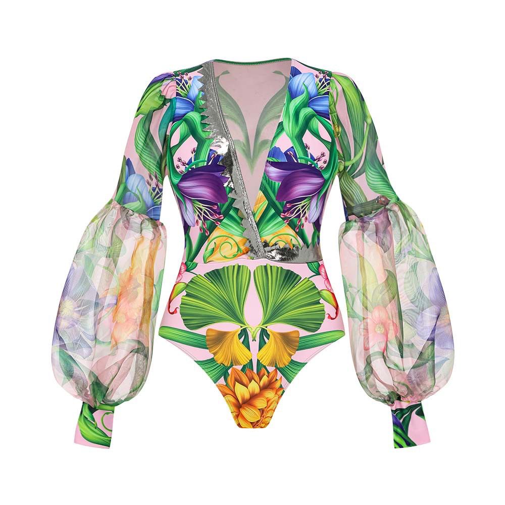 Pankh Ayron Multicolor V-Neck Balloon Sleeve Bikini With Skirt Set