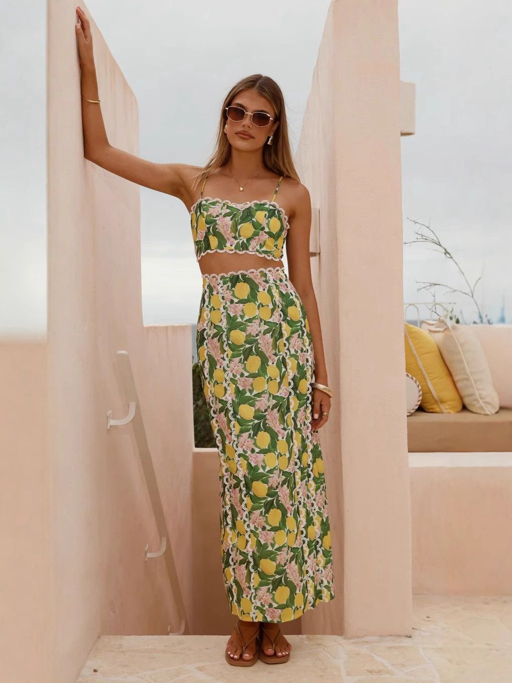 Pankh Eddy Lemon Printed Cami Top And High Waisted Slit Skirt Set