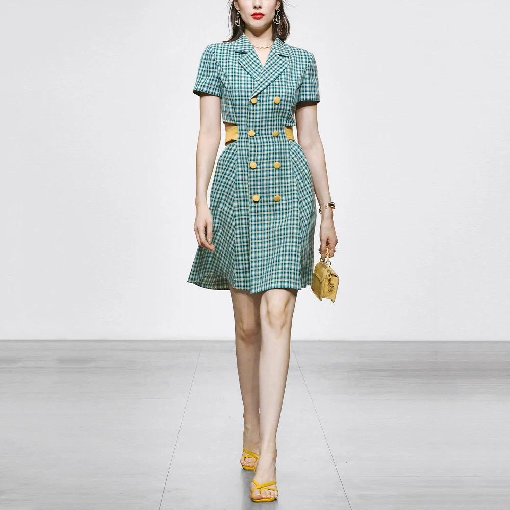 Pankh Fresia Plaid Check Blazer Back Waist Hollow Bow Dress