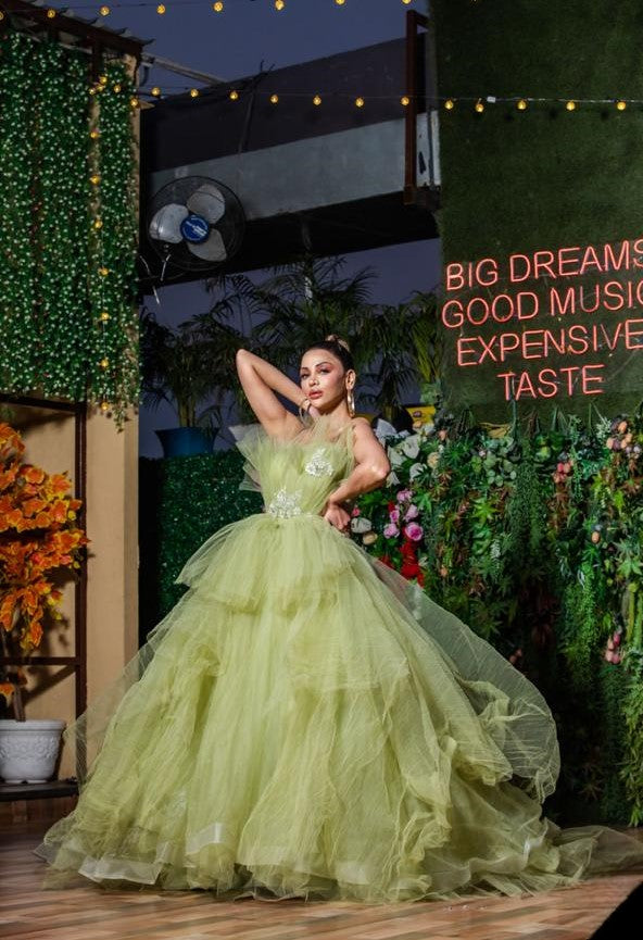 Pankh Green Puff Princess Prom Sweetheart Ruffles Partywear Ball Gown